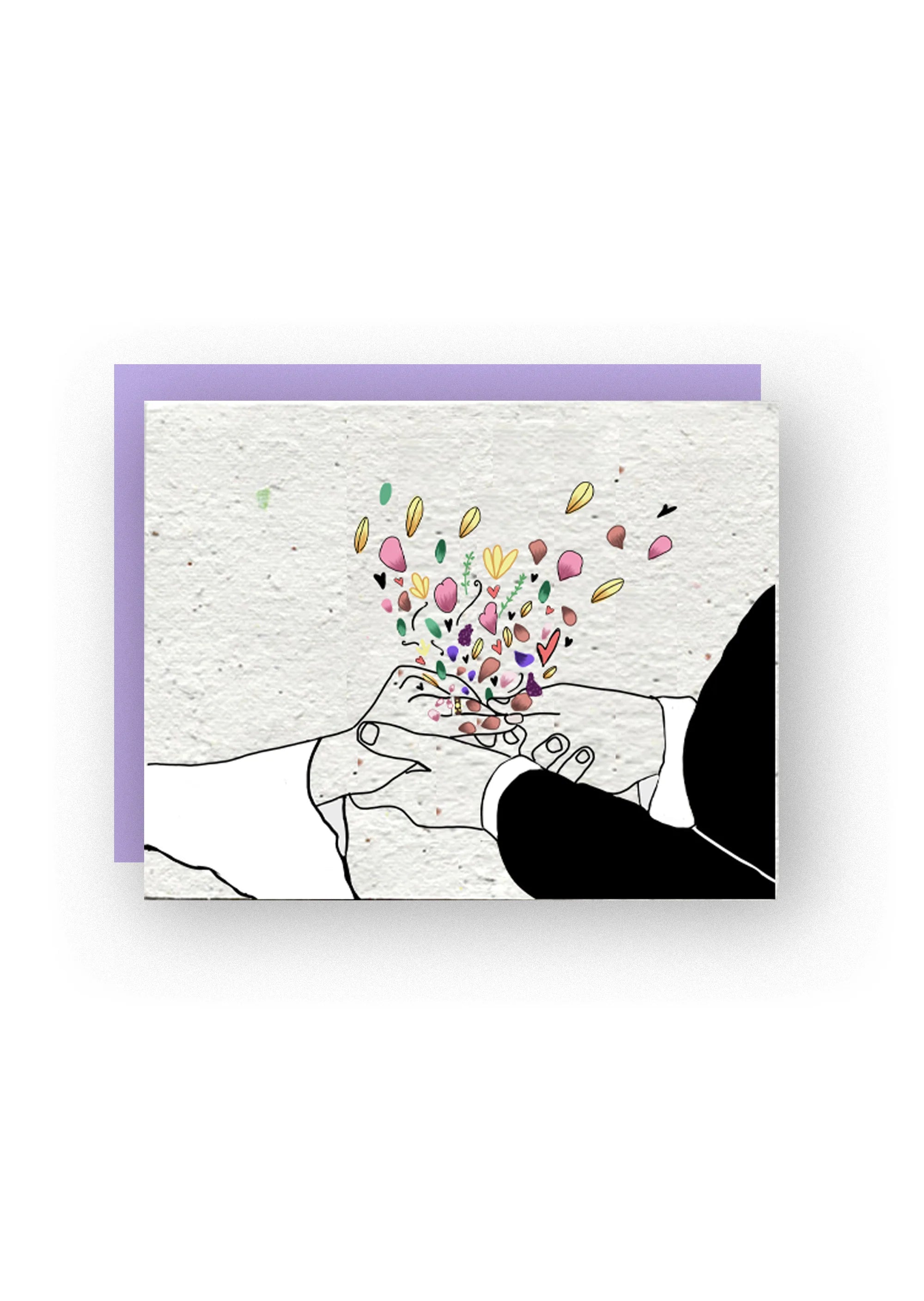 Love Blooms Wildflower seed greeting card. Picture this: delicate hands entwined, a bride and groom standing amidst a garden of blossoming flowers. Each petal tells a story of love and hope, as if nature itself is blessing their union.