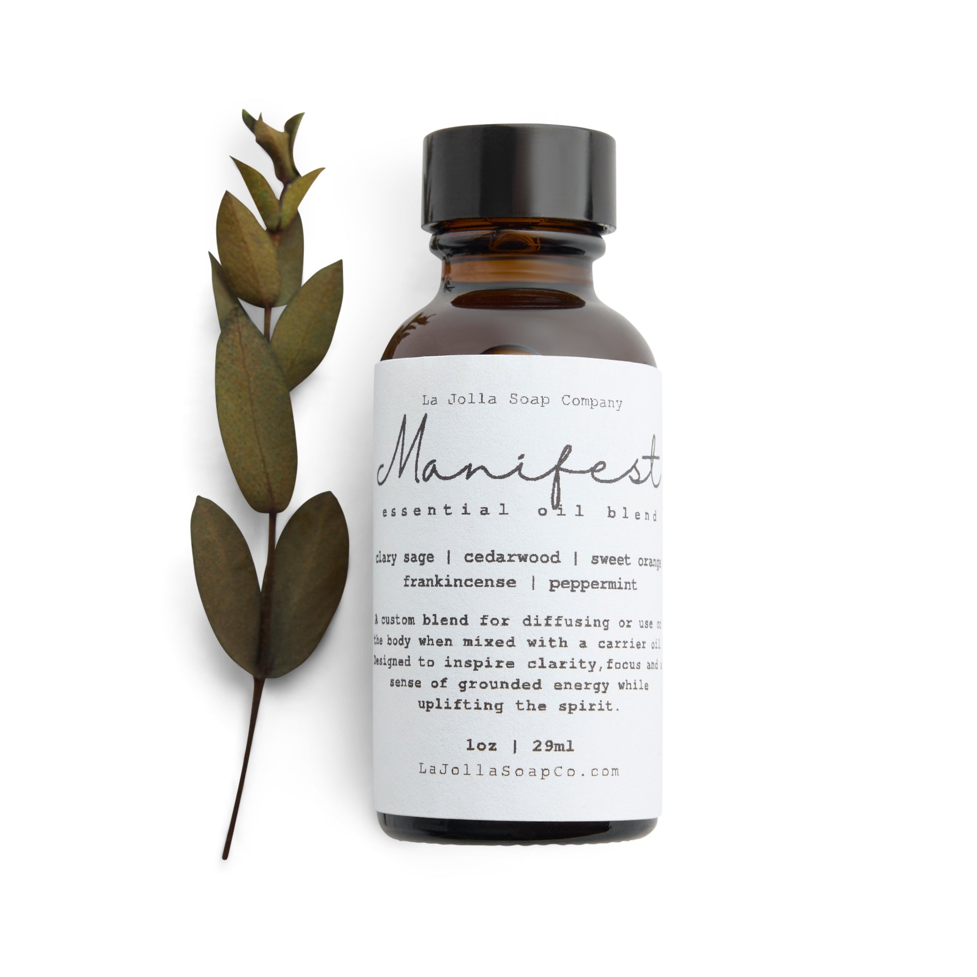 A bottle of Manifest Essential Oil Blend with a sprig of green leaves laid in front, set against a clean, natural white background, evoking a sense of growth and renewal.