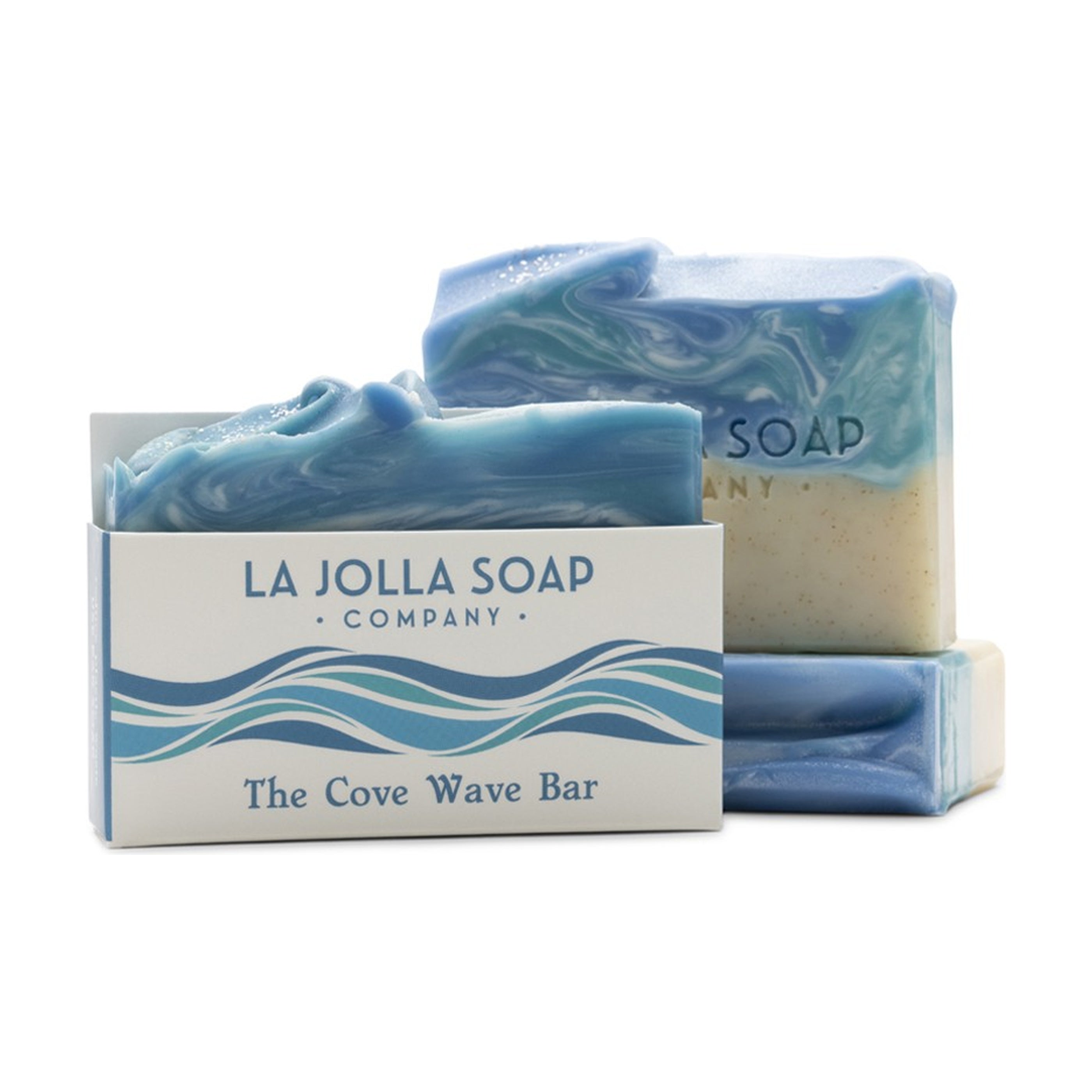 Blue swirled soap bars with packaging from La Jolla Soap Company on a white background