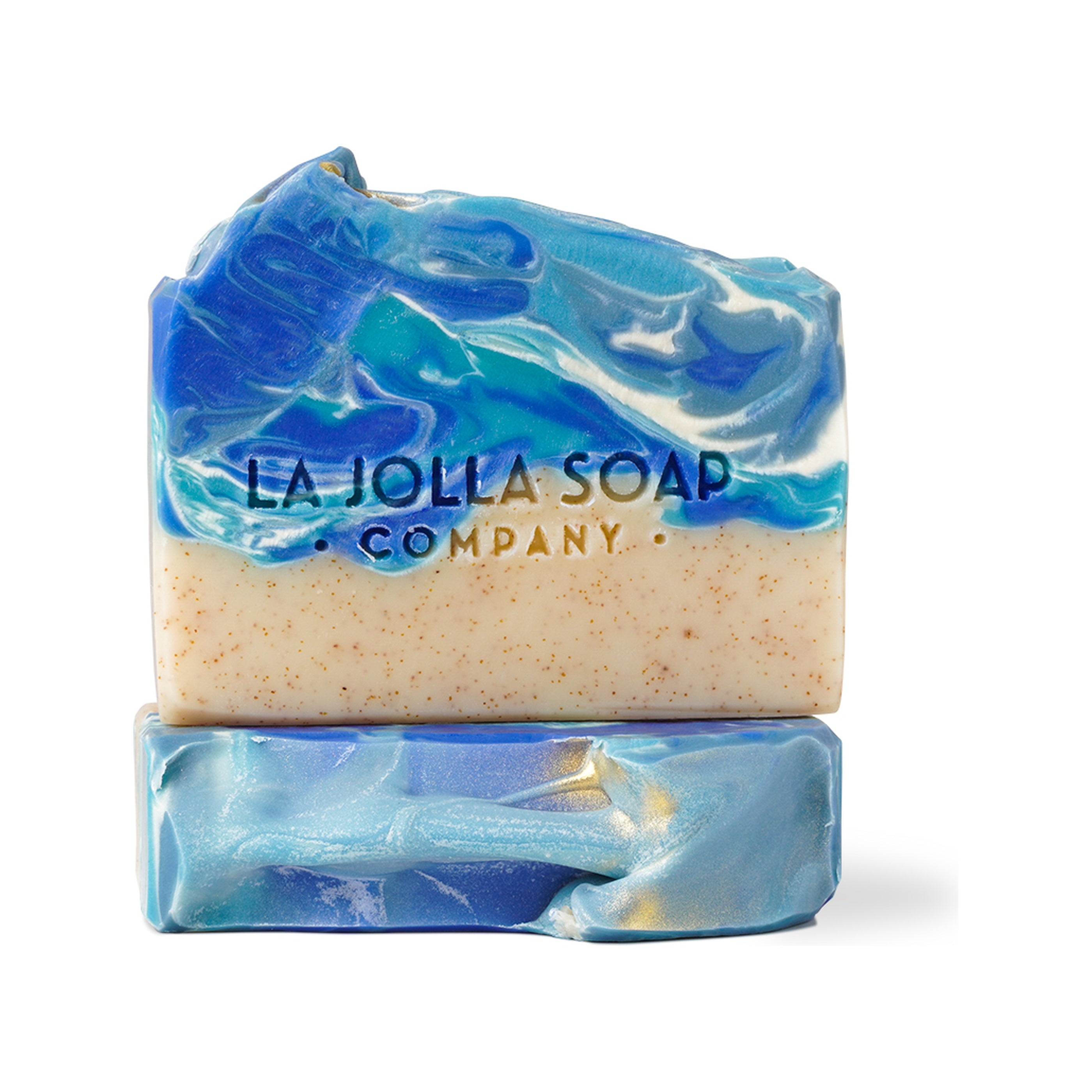 Bar of soap with blue and white swirls and 'La Jolla Soap Company' branding on a white background.