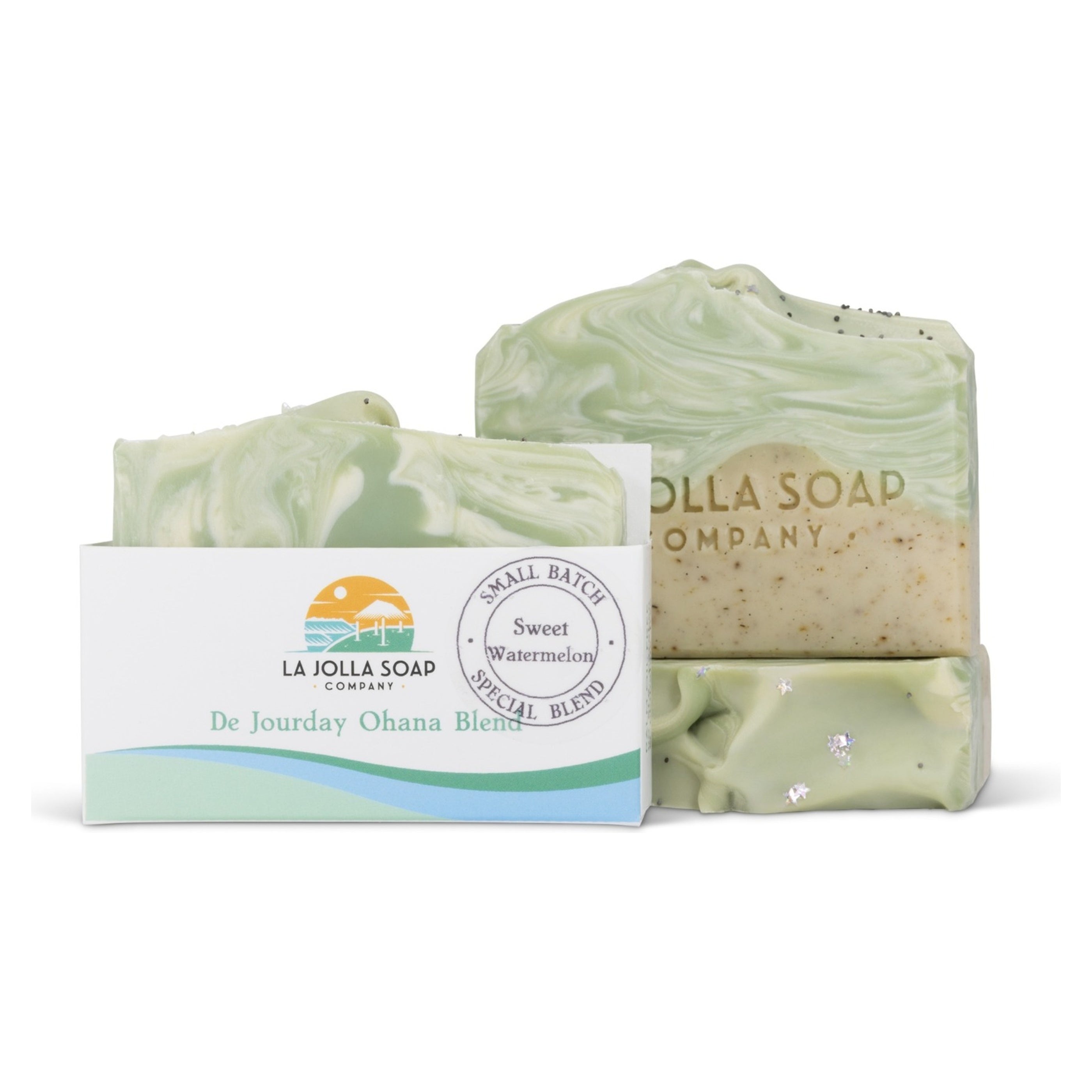 Two Ohana Blend wave soap bars with packaging from La Jolla Soap Company on a  clean white background