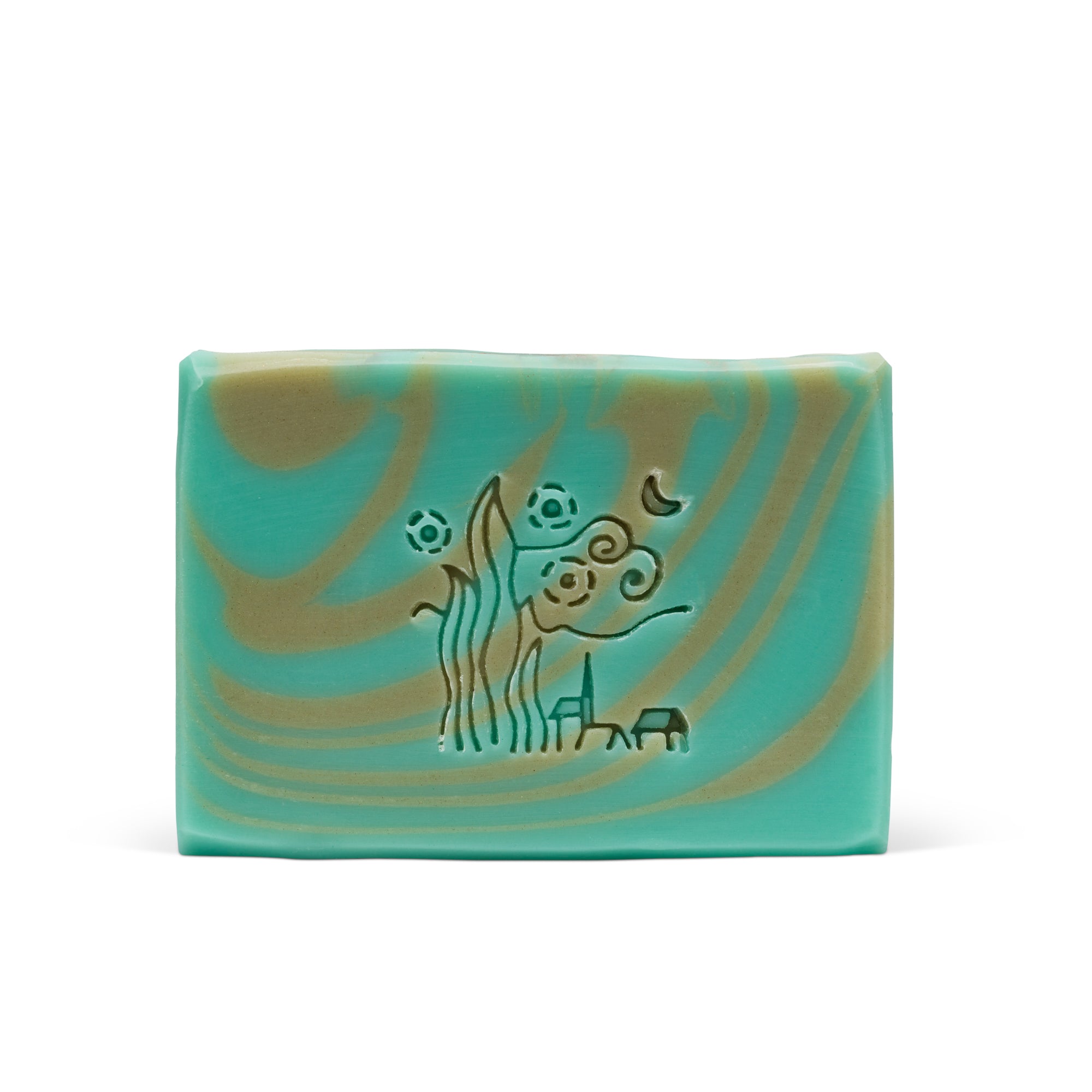 Sea Kelp Soap, Sea green with gold sea kelp stripes. Imprinted with a house by the sea with a crescent moon in the sky.La Jolla Soap Company