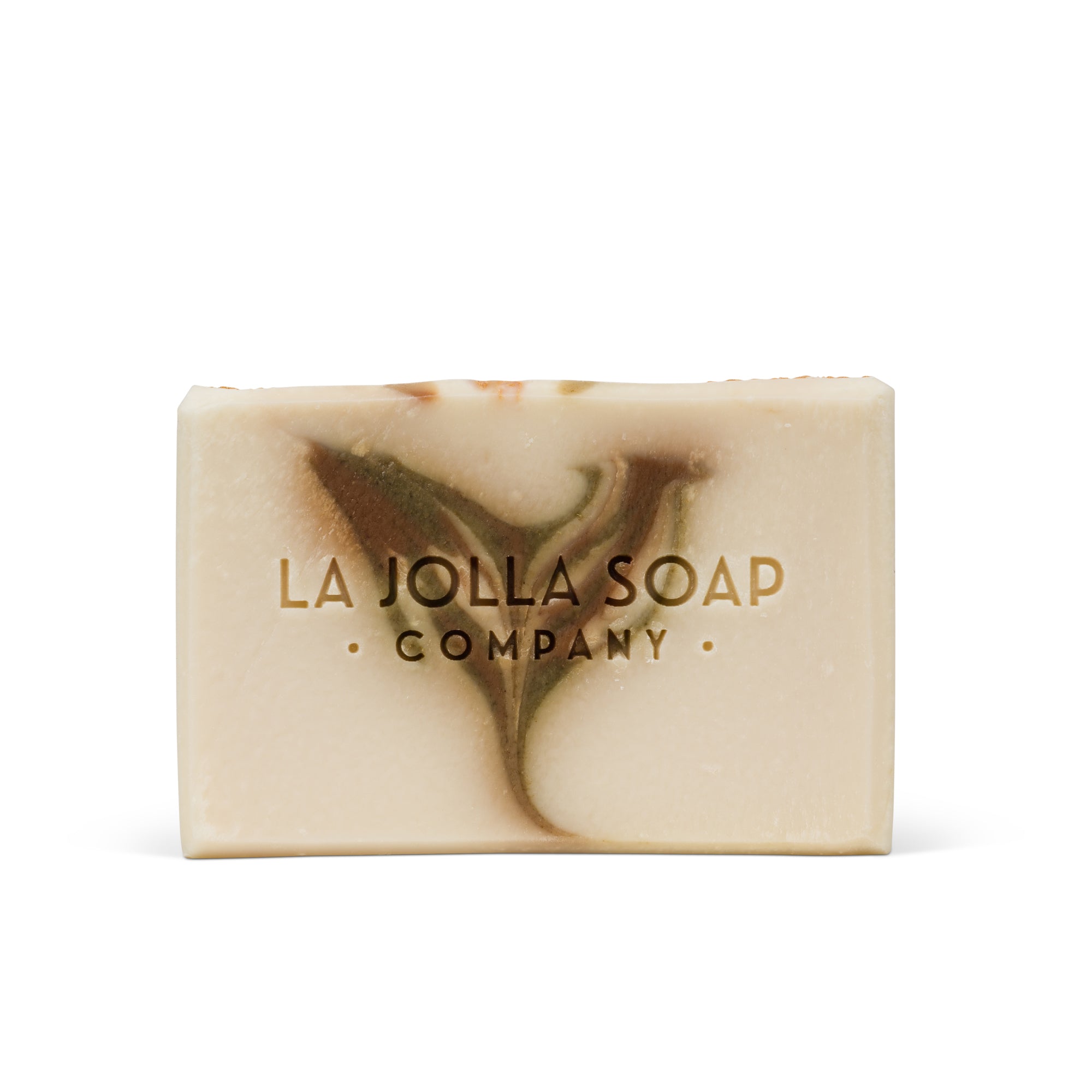 Sea Salt Soap Bar - White with a brown and green swirl that is shaped like a heart. La jolla Soap Company