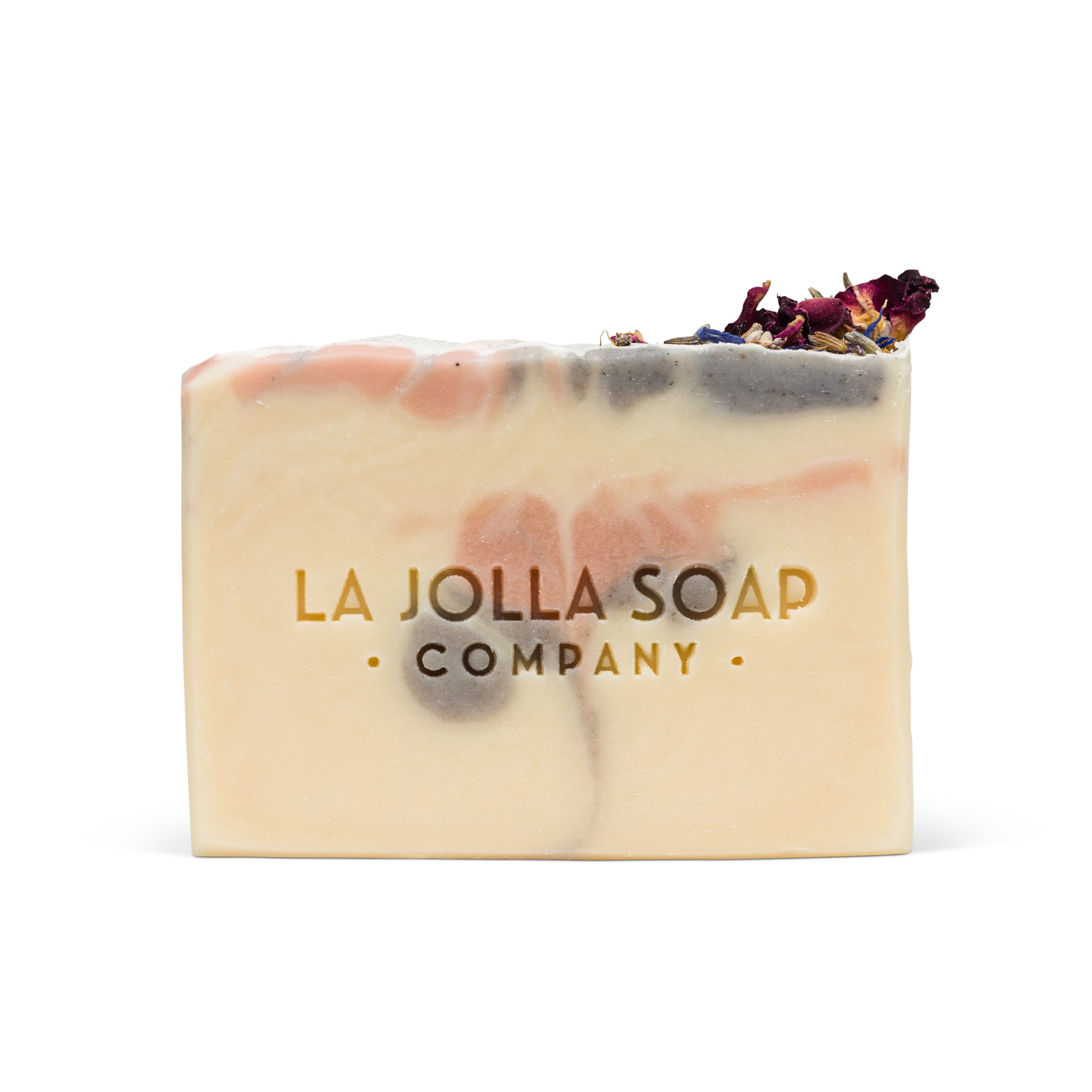 A handcrafted Milky Rose and Lavender Goat Milk Soap with a creamy, soft white base and delicate pink swirls. The top is adorned with a shimmering gold finish and dried rose petals creating an elegant, floral-inspired design.