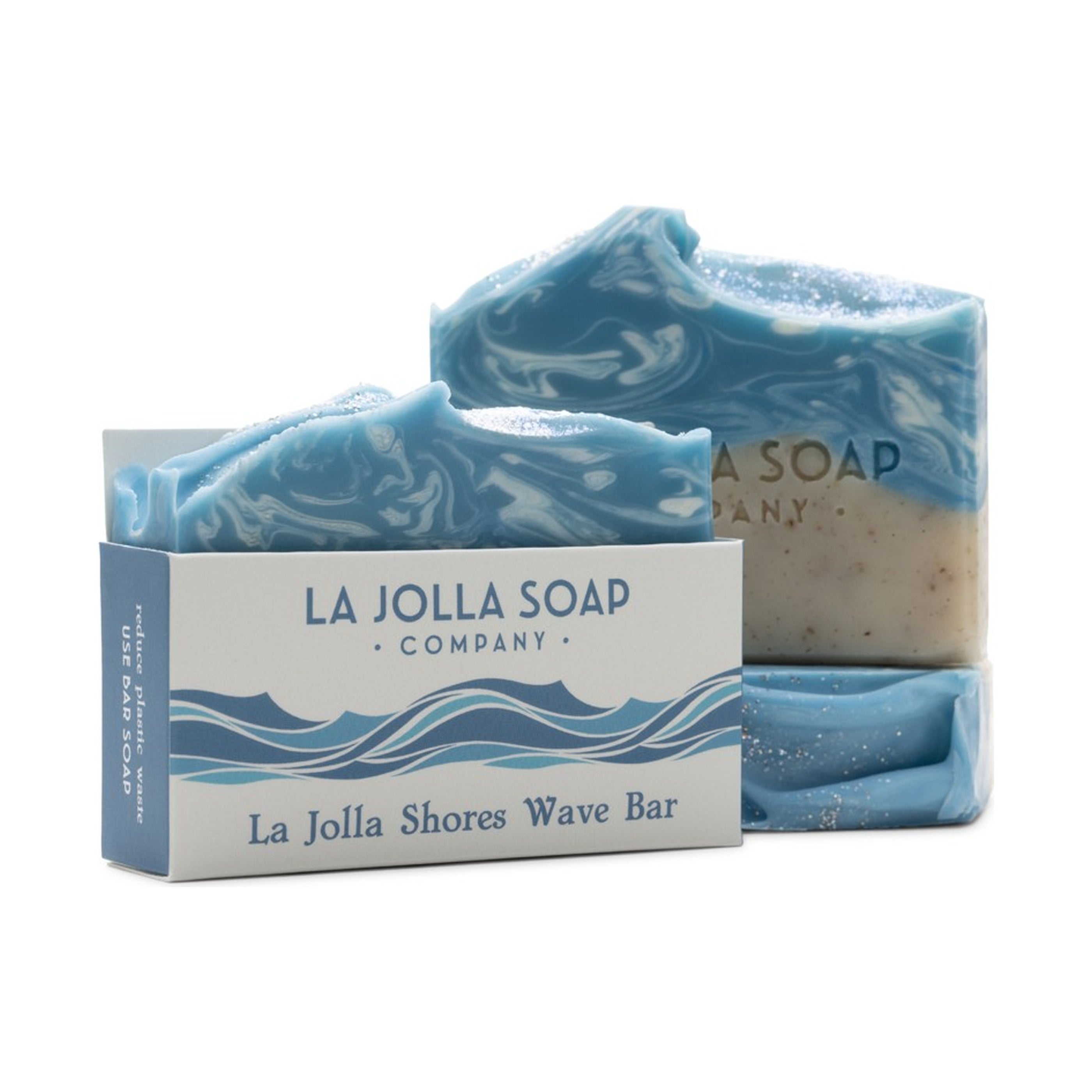 La Jolla Soap Company soap. La Jolla Shores wave bar with packaging on a white background
