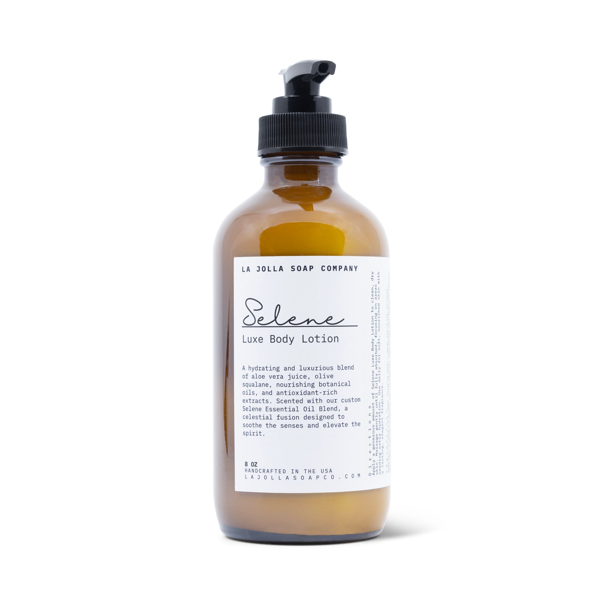 Selene Lux Lotion in an 8 ounce amber glass bottle on  a clean natural white backdrop.