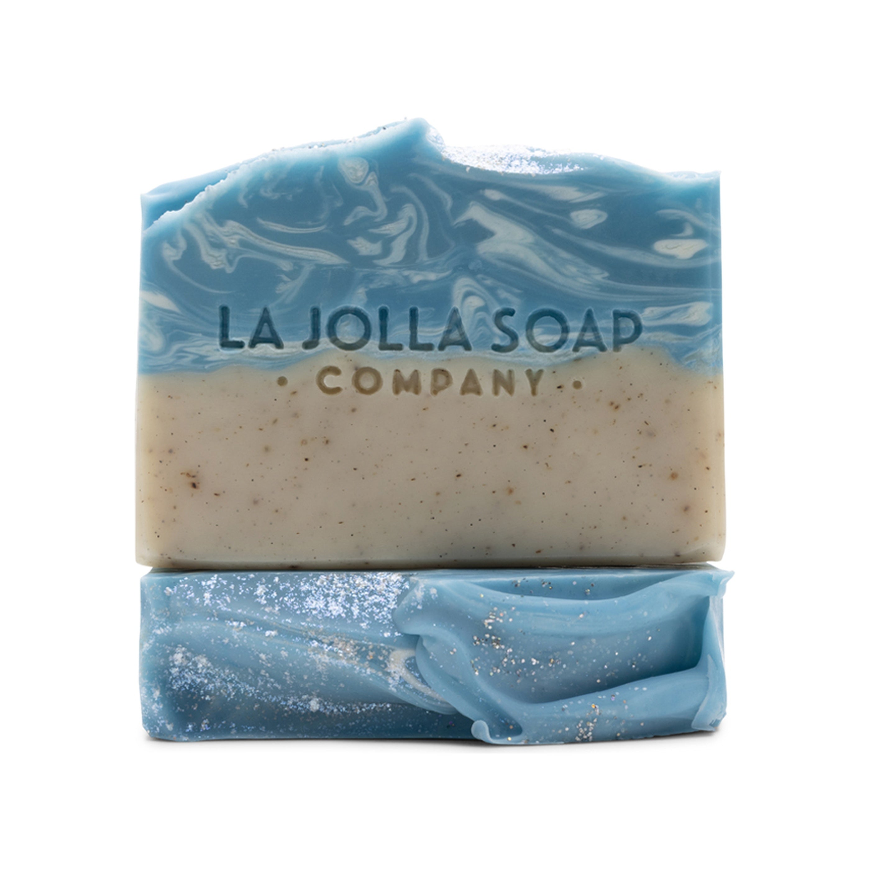 Bar of soap with blue and beige swirls and 'La Jolla Soap Company' branding on a white background.