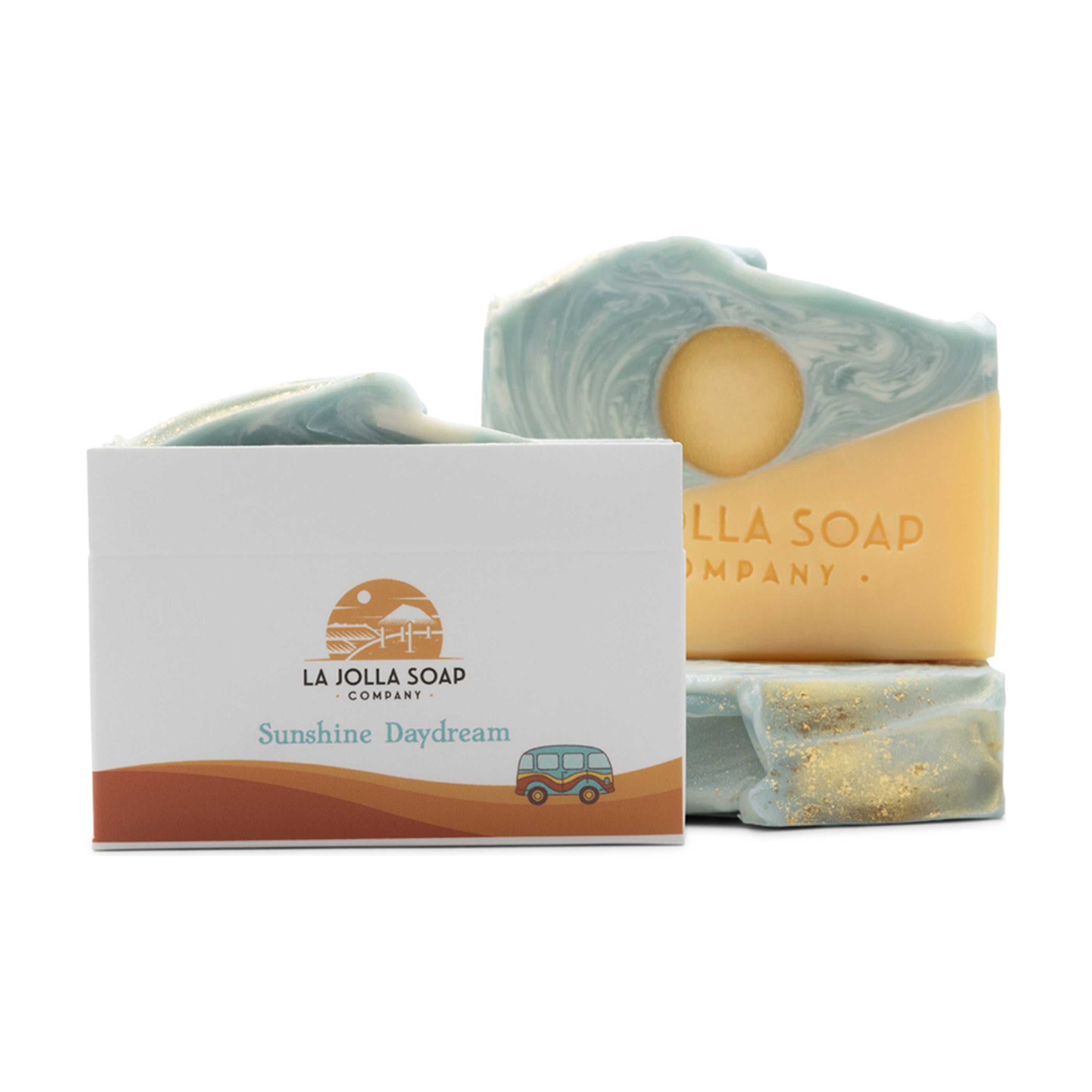 La Jolla Soap Company Sunshine Daydream soap bar with packaging on a white background