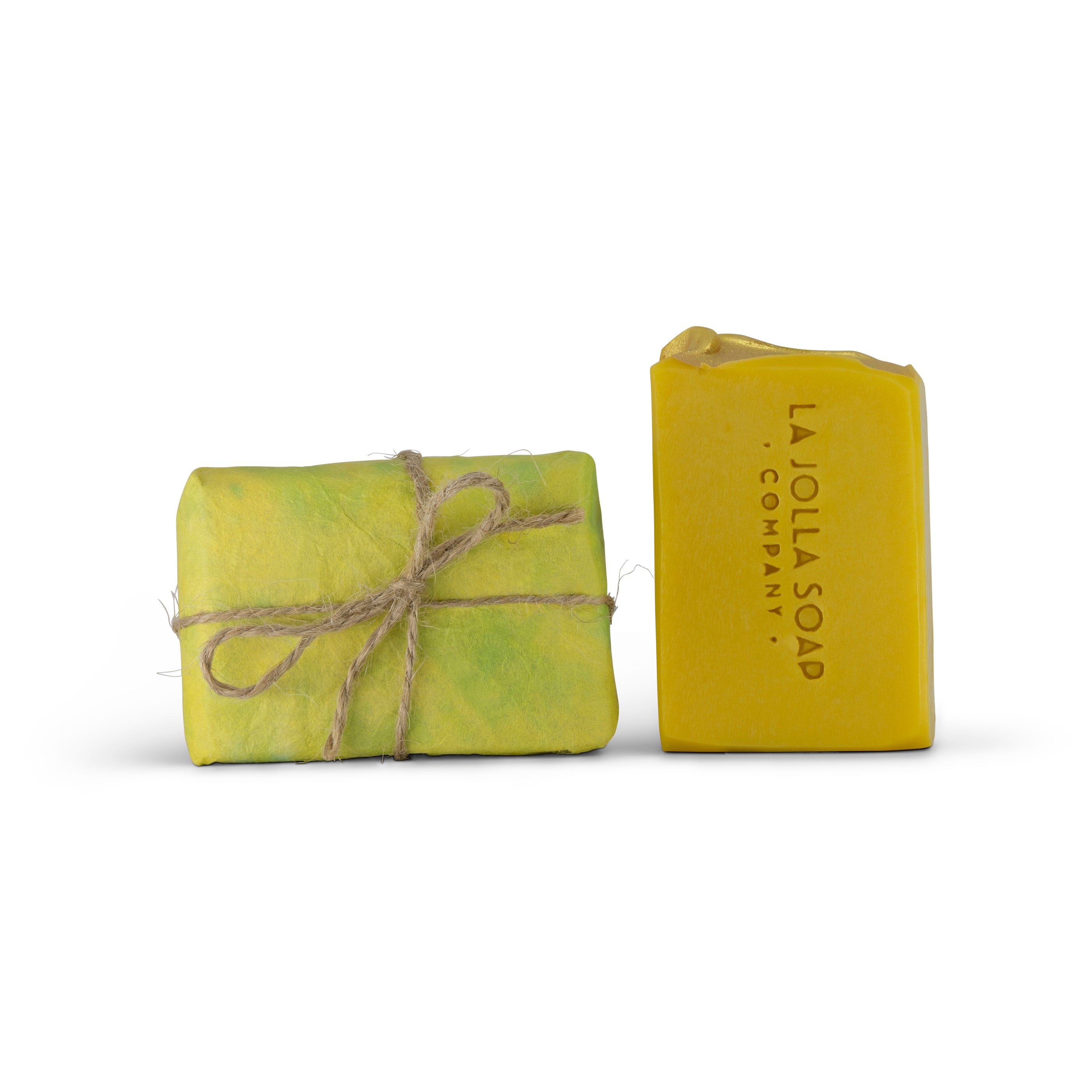 Two bars of soap, one wrapped in twine and the other plain, with 'La Jolla Soap Company' branding set on a clean white background.