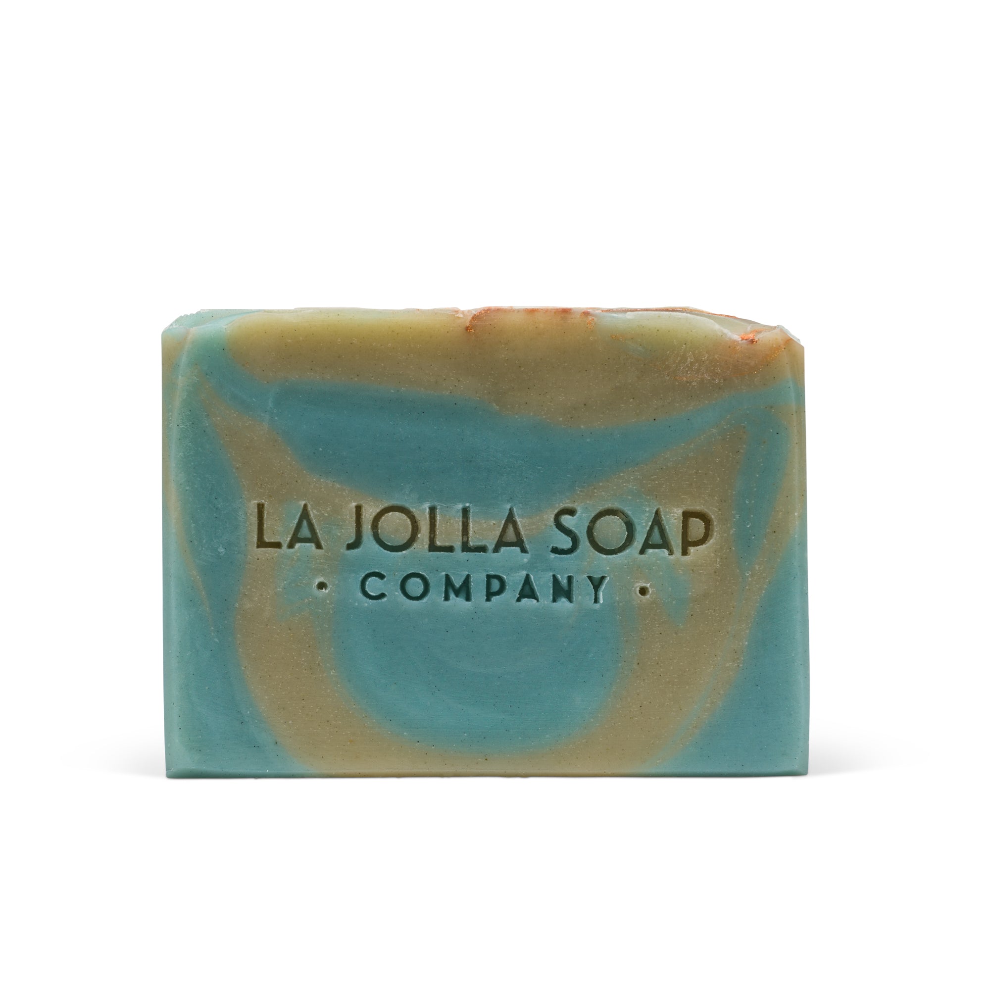 Soap bar, Indigo blue with Sea Clay green swirls. La Jolla Soap Company Front side of Sea Clay Soap
