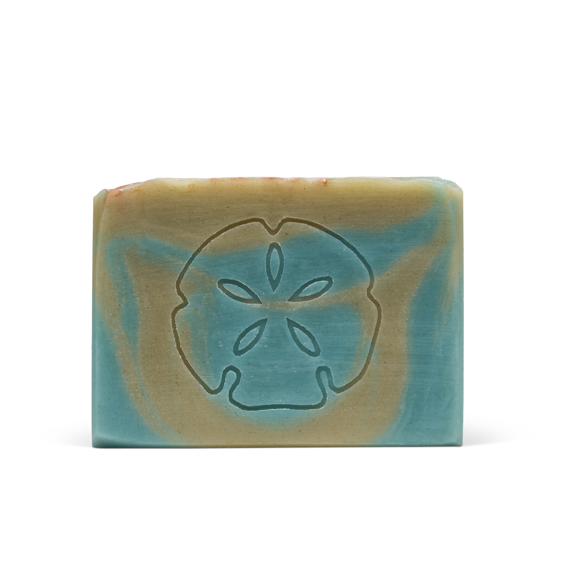 Soap bar that is Indigo blue with sea clay green swirls, sand dollar imprint. La Jolla Soap Company's back side of Sea Clay Soap Bar