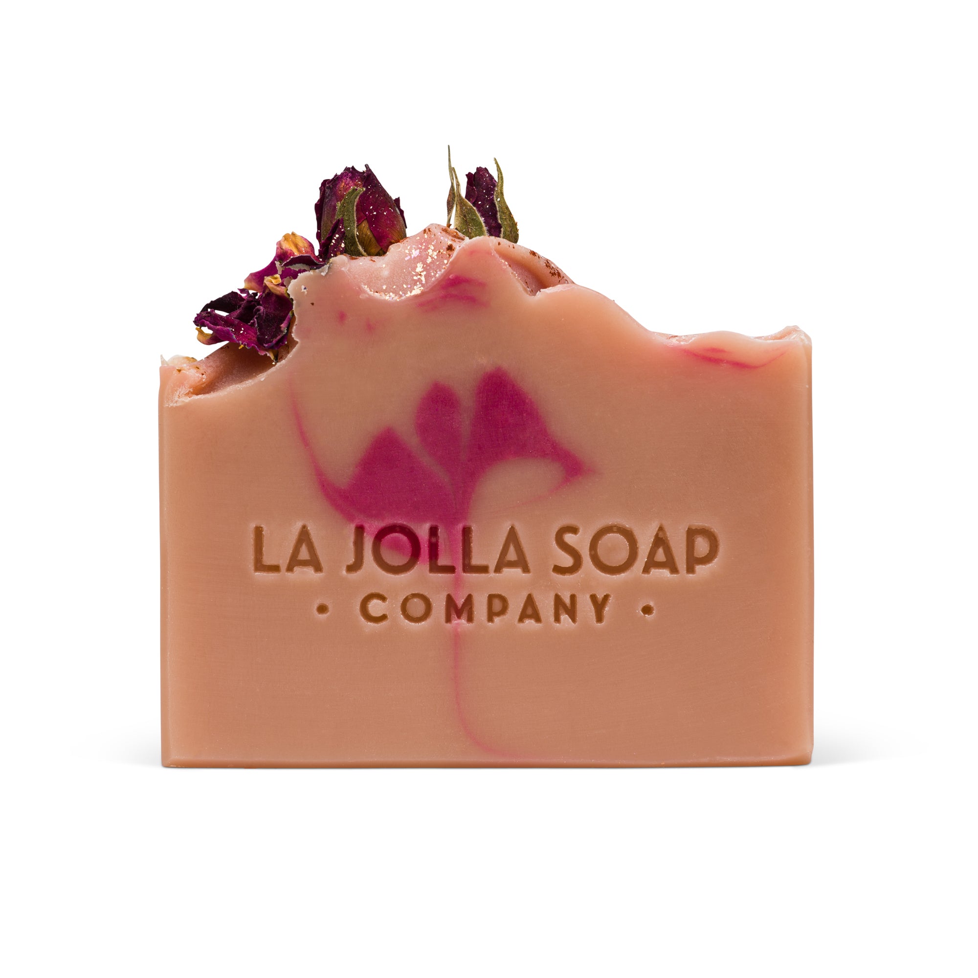 A handcrafted bar of Neptune's Rose Vegan Soap, soft pink. The soap has a smooth creamy texture with a gentle swirl of darker pink visualizing a rose. the bar looks slightly rustic with a handmade finish, adorned with rose petals and gold dust, set against a natural white well-lit background.