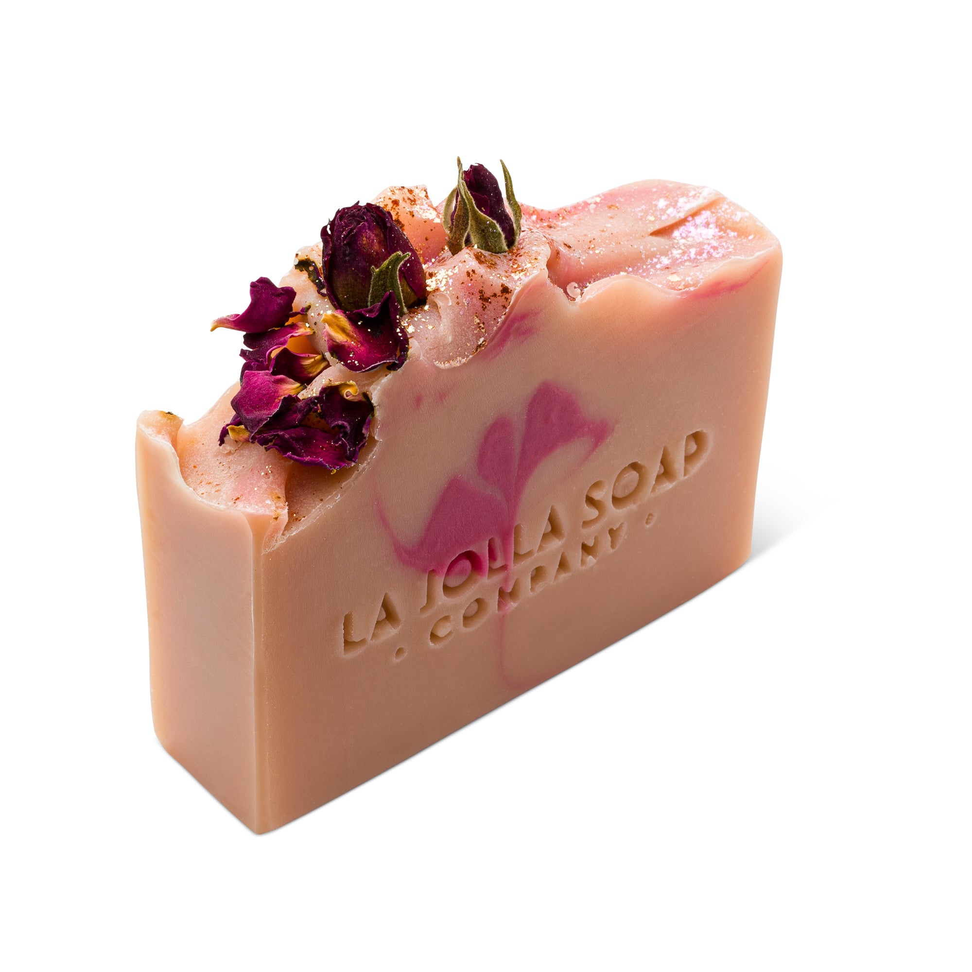 A handcrafted bar of Neptune's Rose Vegan Soap, soft pink. The soap has a smooth creamy texture with a gentle swirl of darker pink visualizing a rose. the bar looks slightly rustic with a handmade finish, adorned with rose petals and gold dust, set against a natural white well-lit background.