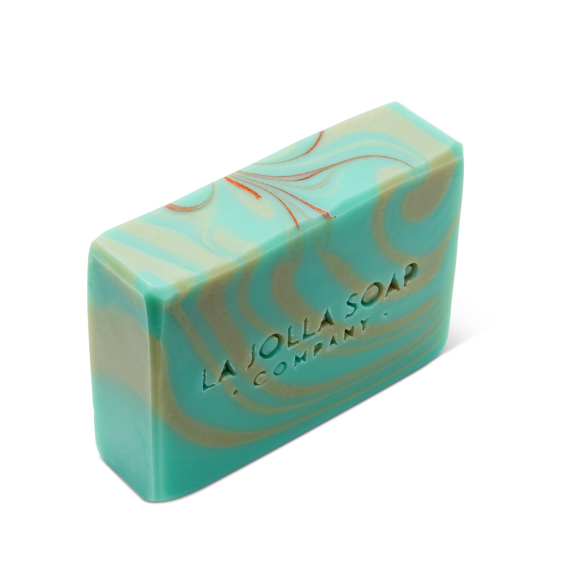 The top side of Sea Kelp Soap, Sea green with gold sea kelp stripes. La Jolla Soap Company