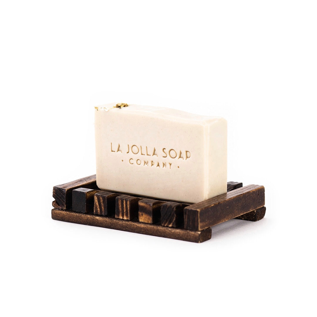 La Jolla Soap Company - Stained Bamboo Soap Deck - Made from sustainable bamboo wood.  This is the perfect resting station for your soap in shower or sink side.  Keeps your soap elevated and dry in-between uses, helping to extend the longevity of your soap bar.   Available in two colors, Dark or Natural.