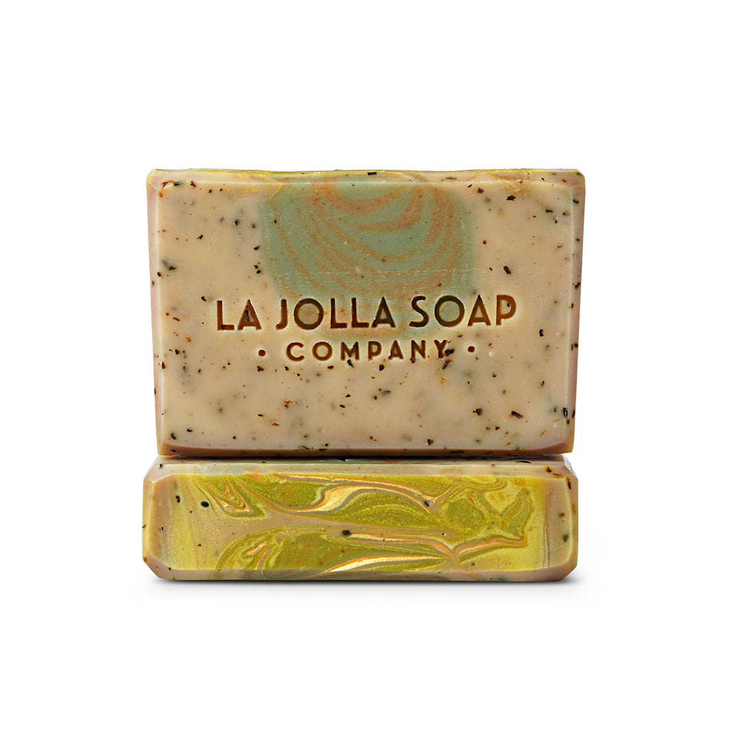 La Jolla Soap Company's Pacific Trails -Artisan Natural Soap. A blend of plant based oils and butters infused with nettle and horsetail both containing anti-inflammatory properties. A great addition to your daily routine in these cooler weather months.  Scented with pure essential oils of black spruce, cypress, cedarwood and bergamot.